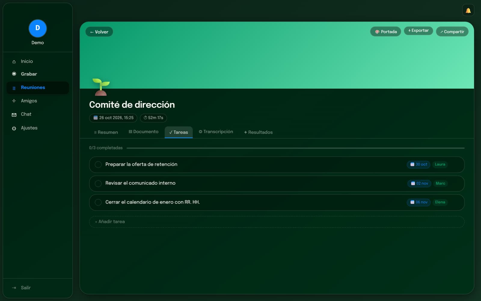 Tareas de una reunión con responsable y fecha
