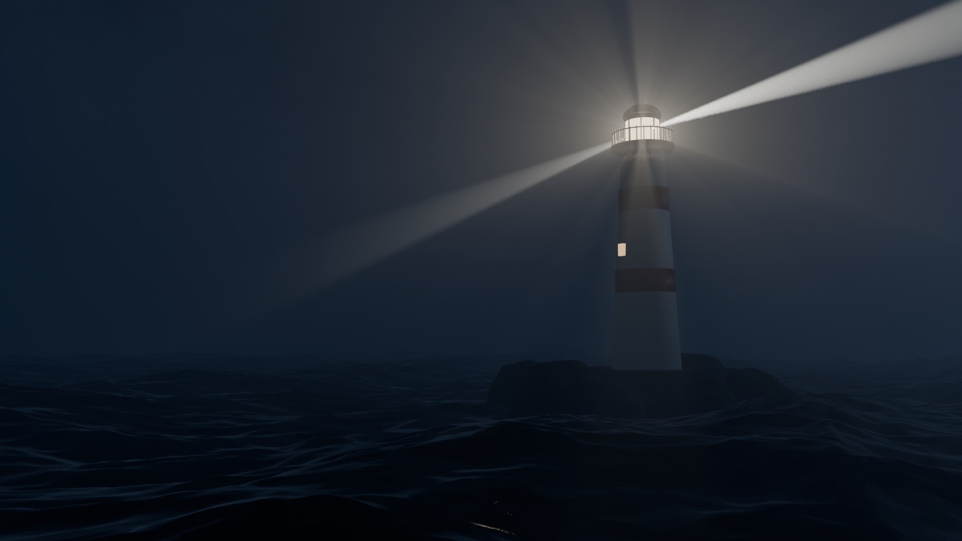 Faro de noche con dos haces de luz en la niebla