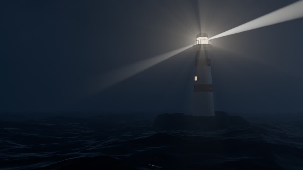 Faro de noche con dos haces de luz en la niebla